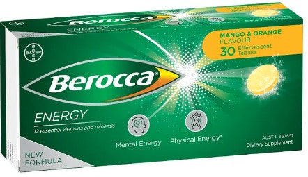 Berocca Energy Mango & Orange Flavour Effervescent เม็ด 30 แพ็ค