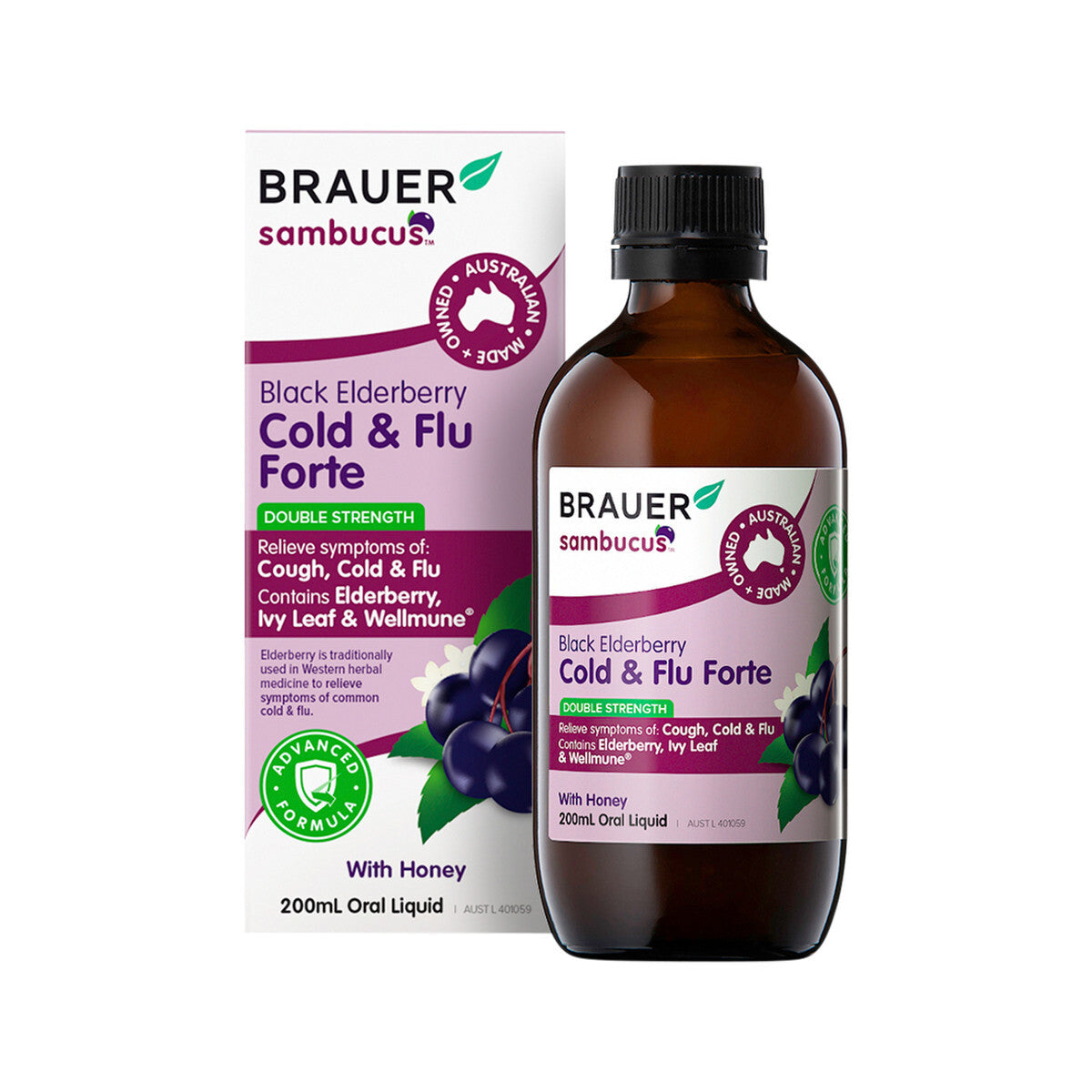 Brauer Sambucus Black Elderberry Cold & Flu Forte (Double Strength) With Honey 200ml