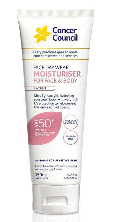 Cancer Council Face Day Wear Moisturiser For Face & Body Invisible SPF50+ 150ml - RPP ONLINE