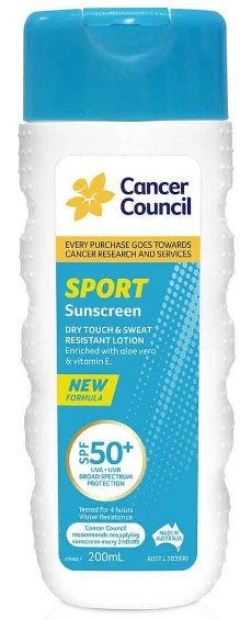 Cancer Council Sport Sunscreen Dry Touch & Sweat Resistant Lotion SPF 50+ 200ml - RPP ONLINE