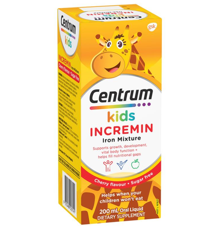 Centrum Kids Incremin Iron ส่วนผสมรสเชอร์รี่, น้ำเชื่อมปลอดน้ำตาล 200 มล. (EXP: 30/03/2025)