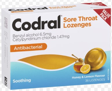 Codral Sore Throat Lozenges Antibacterial Honey & Lemon Flavour 36 Lozenges