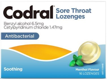 Codral Sore Throat Lozenges Antibacterial Menthol Flavour 16 Lozenges