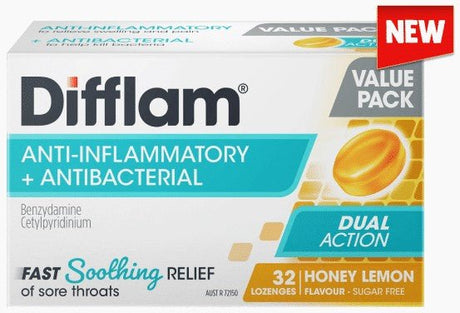 Difflam Sore Throat Lozenge Dual Action Honey & Lemon Flavour Value Pack 32 Lozenges - RPP ONLINE