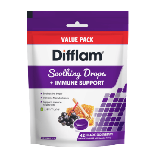 Difflam Sothingの喉のドロップ +免疫サポートブラックエルダーベリーフレーバーバリューパック42ドロップ