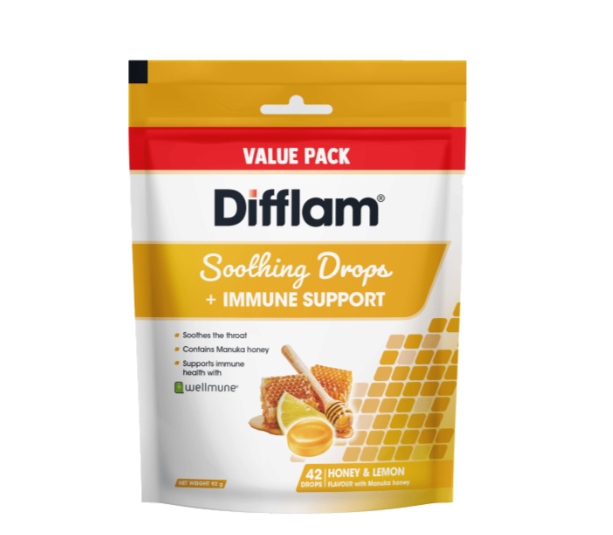 Difflam soothing คอลดลง + การสนับสนุนภูมิคุ้มกันน้ำผึ้งและรสมะนาวมูลค่าแพ็คแพ็ค 42 หยด