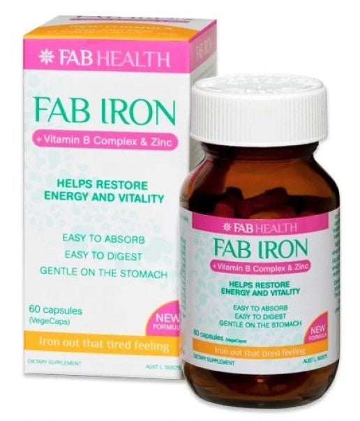 Fab Iron + วิตามินบีคอมเพล็กซ์ & สังกะสี 60 แคปซูล