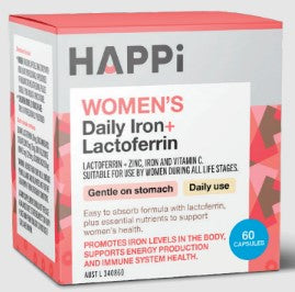 HAPPi Womens Daily Iron + Lactoferrin Gentle on Stomach 60 Capsules