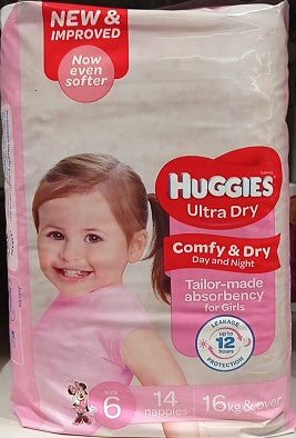 Huggies Ultra Dry For Girls Junior Size 6, 16kg & over 14 Nappies - RPP ONLINE