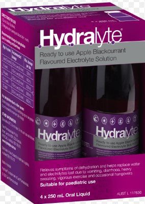 Hydralyte Apple Blackcurrant Flavoured Electrolyte Solution 4 x 250ml - RPP ONLINE