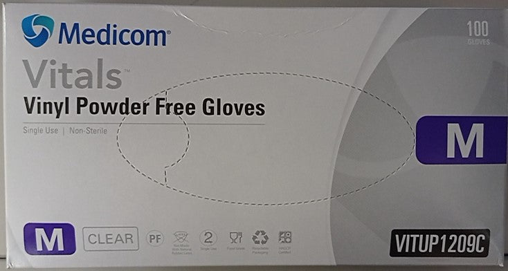 Medicom Vitals Vinyl Powder Free Gloves Medium 100 Gloves