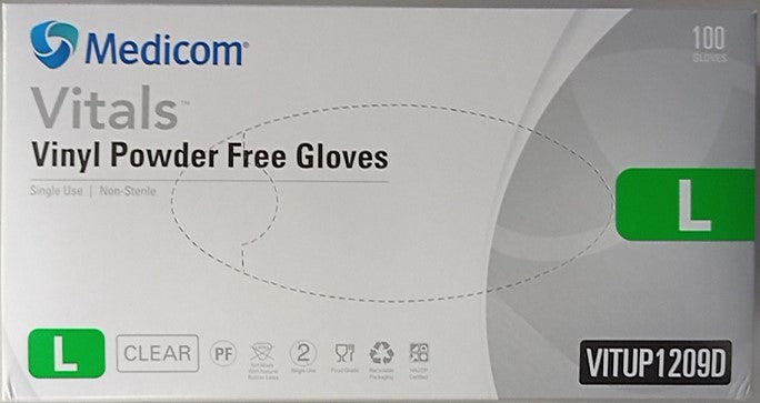 Medicom Vitals Vinyl Powder Free Gloves Large 100 Gloves