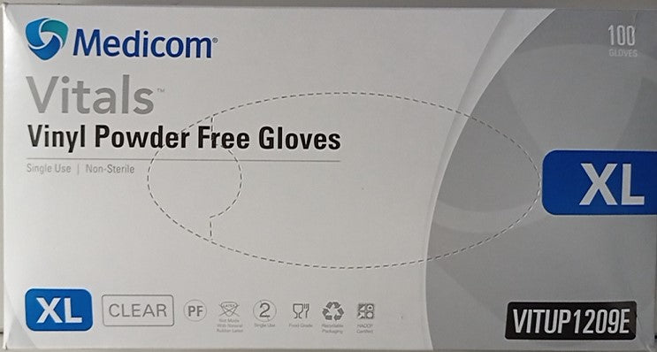 Medicom Vitals Vinyl Powder Free Gloves Extra Large 100 Gloves