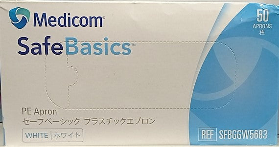 Medicom Safebasics พลาสติกพลาสติกผ้ากันเปื้อนสีขาว 50 แพ็ค