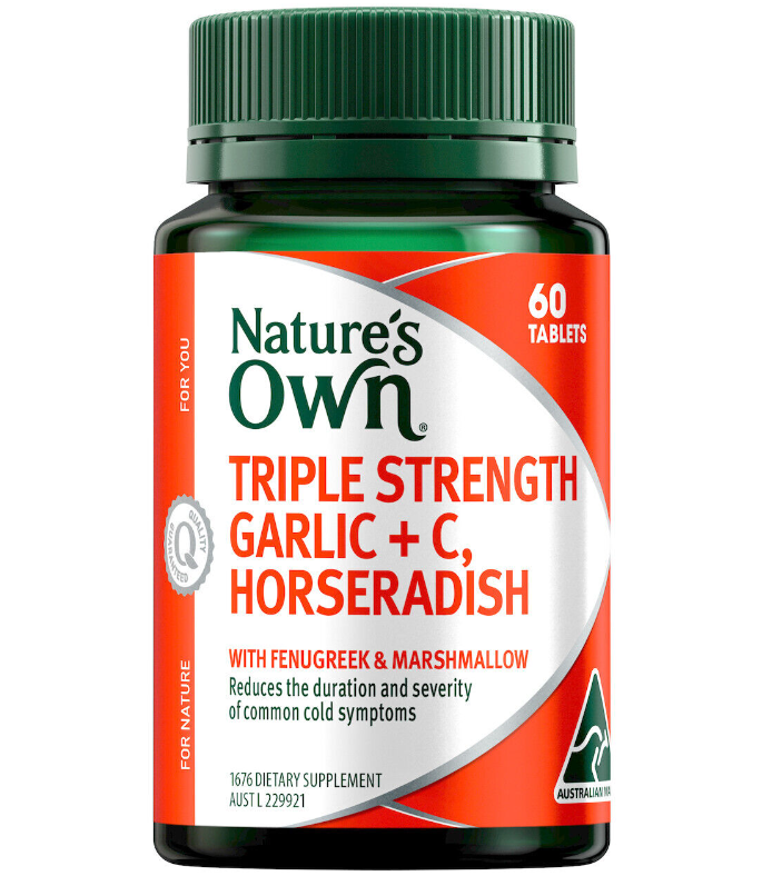 Natures เป็นเจ้าของ Triple Strength Garlic + C, Horseradish 60 เม็ด