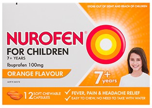 儿童Nurofen 7+橙色风味12个咀嚼胶囊