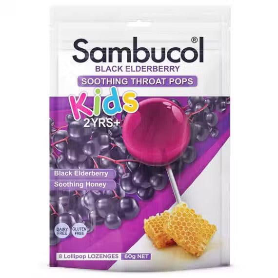 Sambucol Black Elderberry Soothing Throat Pops Kids 2yrs+ 8 Lollipops - RPP ONLINE