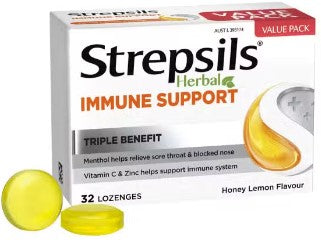 Strepsils thảo dược hỗ trợ miễn dịch lozenges mật ong 32 gói (exp: 30/03/2025)