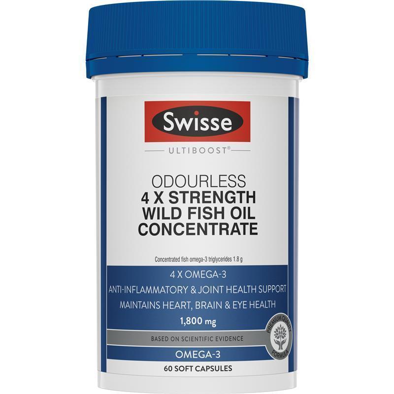 Swisse Ultiboost Odorless 4 x Strength น้ำมันปลาเข้มข้นเข้มข้น 60 แคปซูล