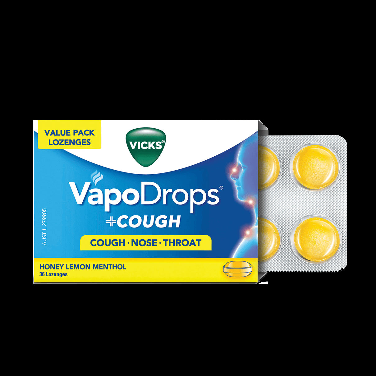 Vicks VapoDrops + Cough Honey Lemon Menthol 36 Lozenges