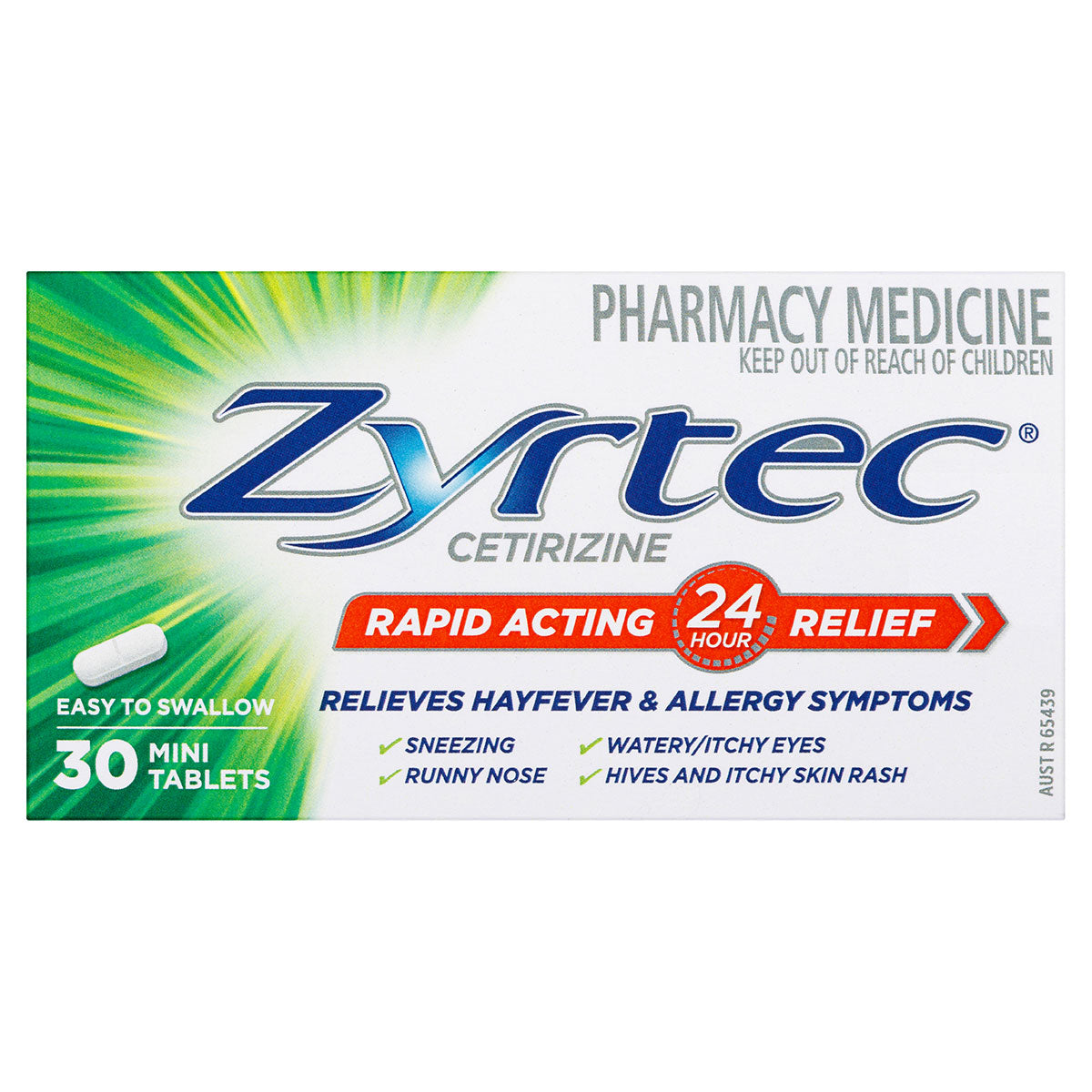 Zyrtec Cetirizine Rapid Acting 24 Hour Relief 30 Mini Tablets