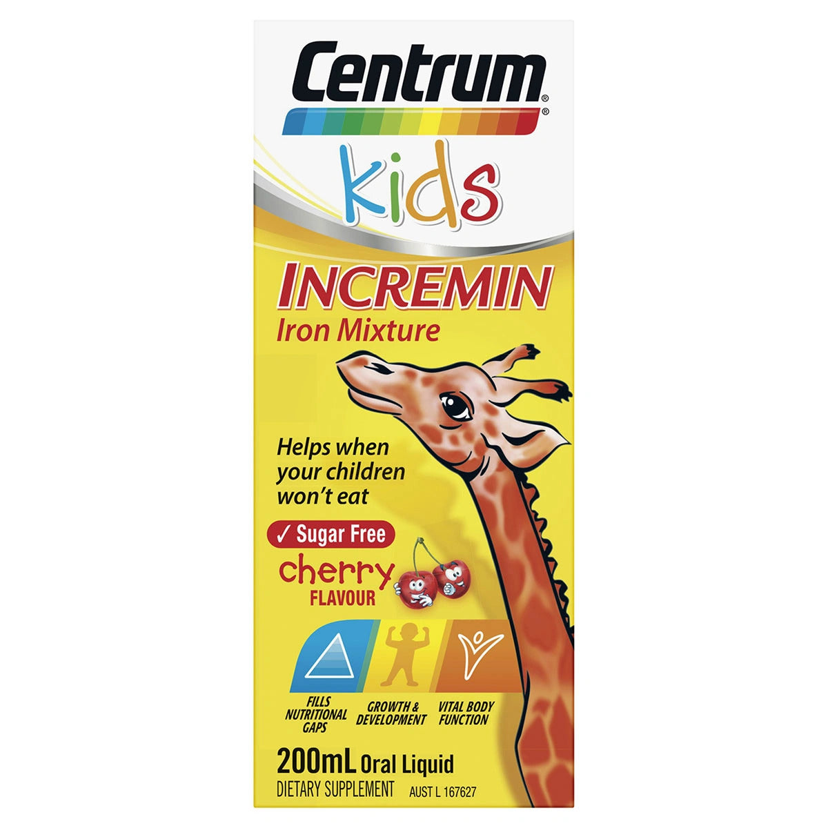 Centrum Kids incremin iron ผสมรสเชอร์รี่, น้ำเชื่อมปลอดน้ำตาล 200 มล.