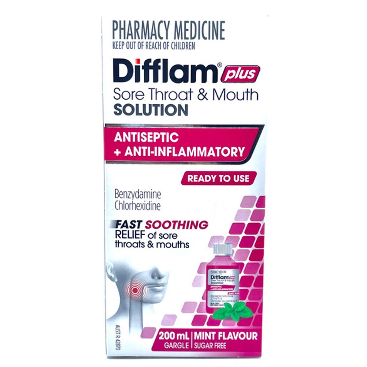 Difflam Plus Sore Throat and Mouth Solution Antiseptic + Anti-Inflammatory Mint Flavour 200ml