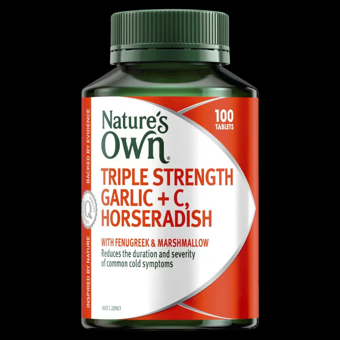 Natures เป็นเจ้าของ Triple Strength Garlic+C, Horseradish 100 เม็ด